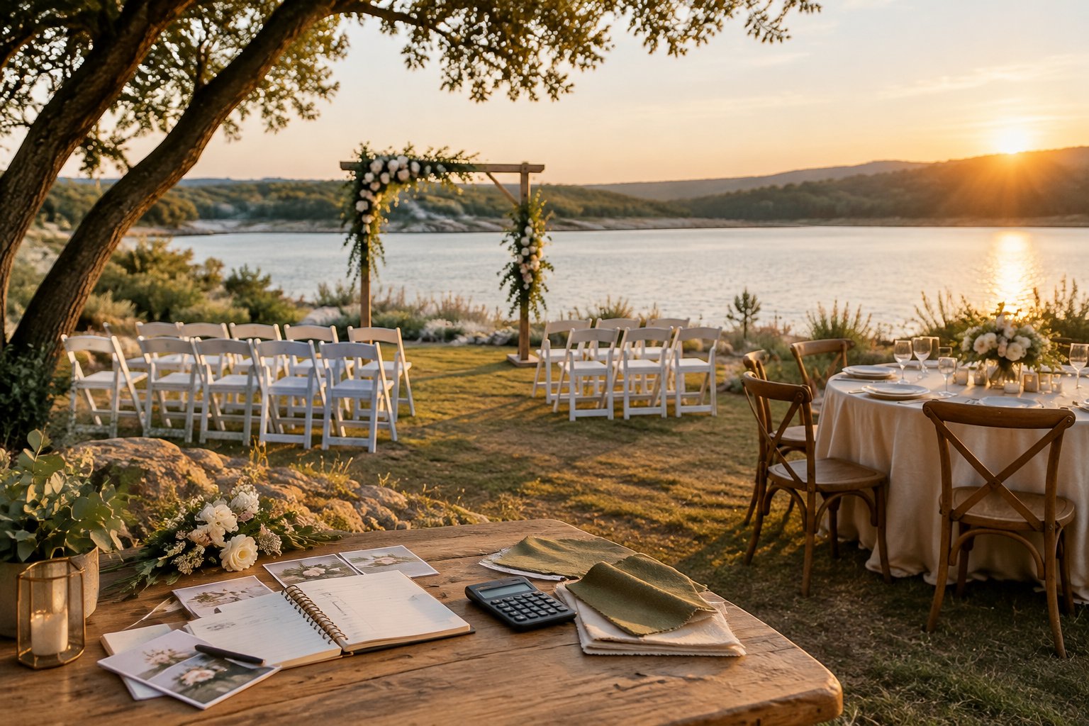 A lakeside wedding setup with chairs, a floral arch, and planning materials on a table.