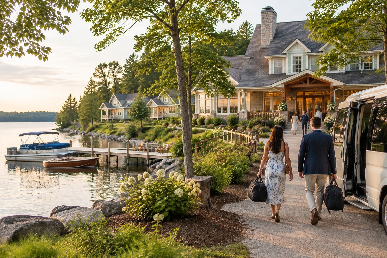 Wedding guests arrive by shuttle at a lakeside inn with cottages and a dock.