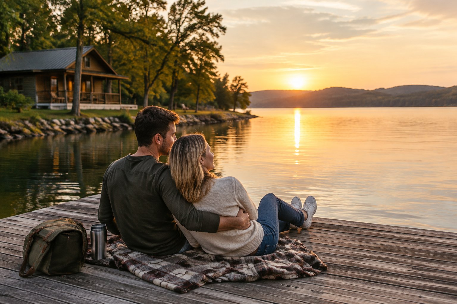 A newlywed couple sits together on a dock beside a quiet lake.