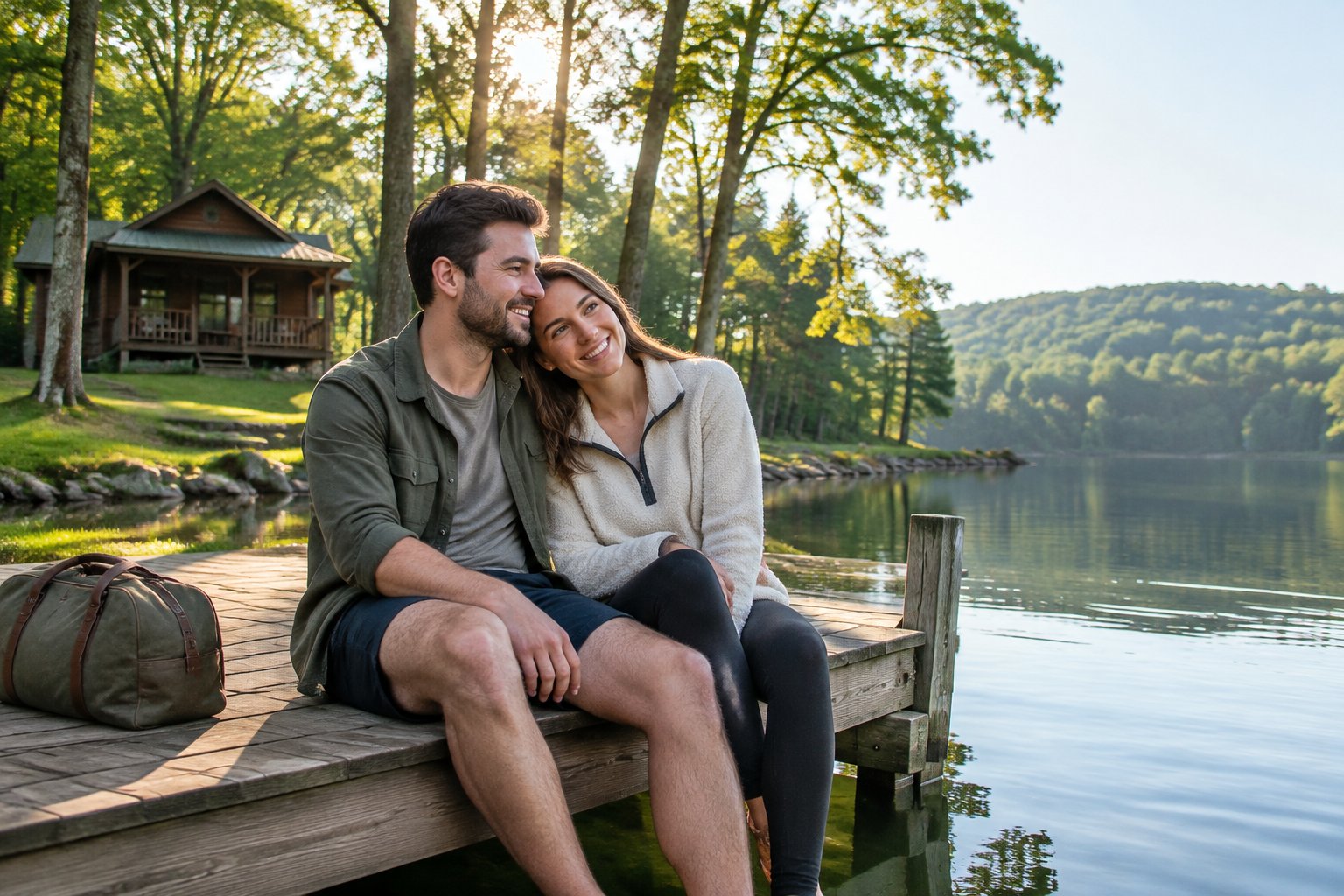 A newlywed couple sits together on a dock beside a quiet lake near a small cabin.