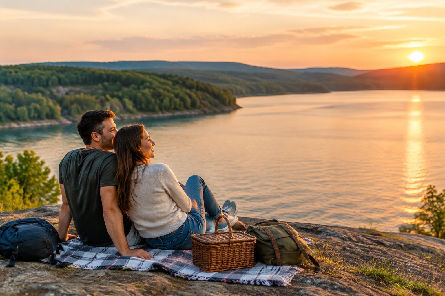 A couple shares a sunset picnic beside a lake surrounded by wooded hills.