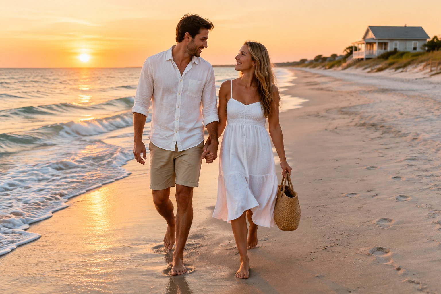 A newlywed couple walks barefoot along a quiet beach beside gentle waves.
