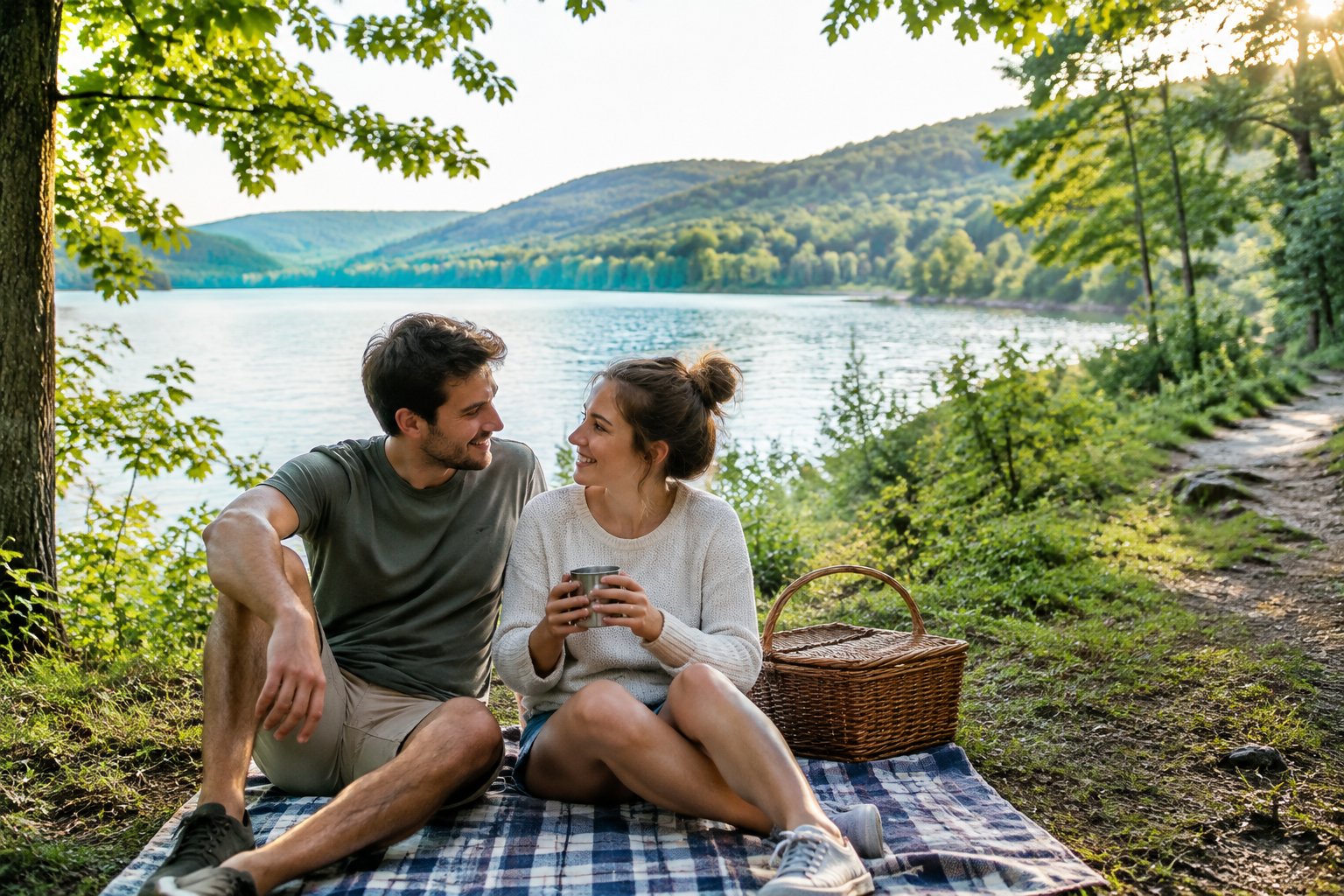 A newlywed couple shares a picnic beside a lake surrounded by trees.