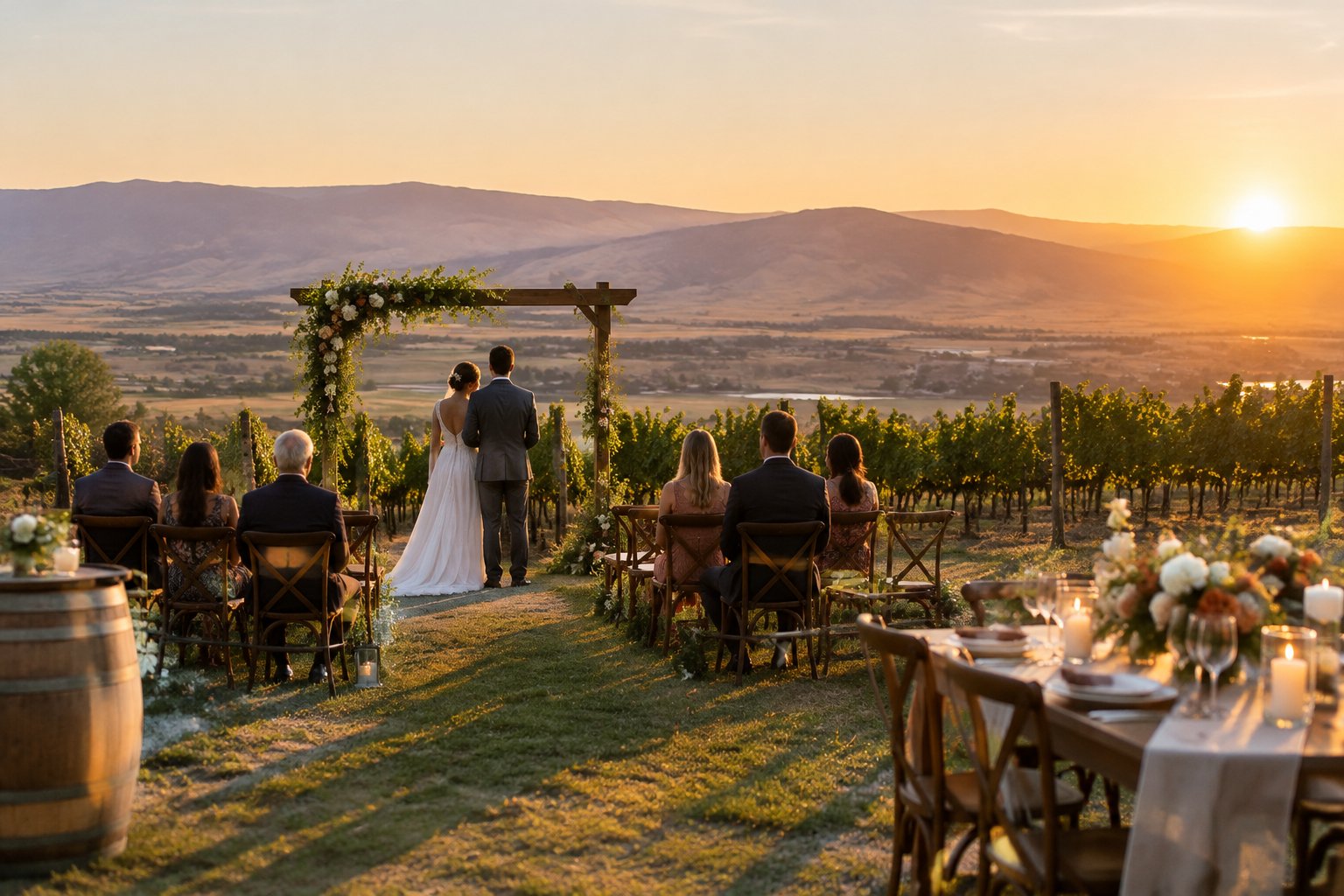 A couple celebrates beneath a flower-decorated arch at a small vineyard wedding.