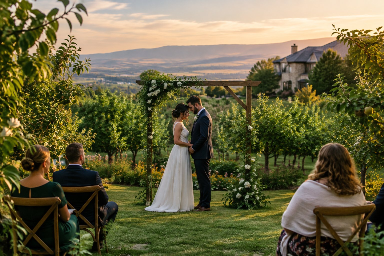 A couple celebrates their wedding in a garden orchard with guests nearby.