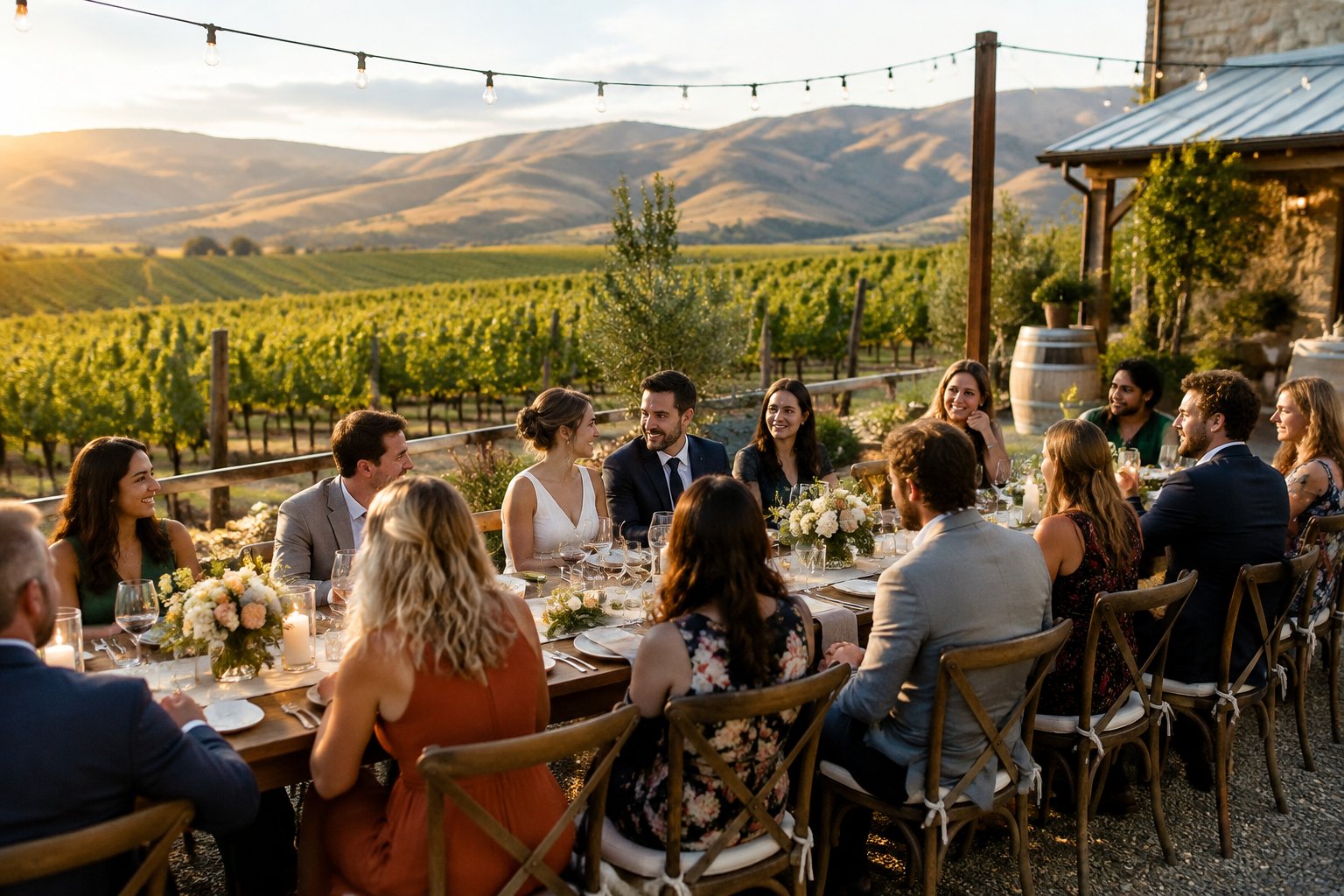 A small wedding dinner gathered at an outdoor table beside a vineyard.