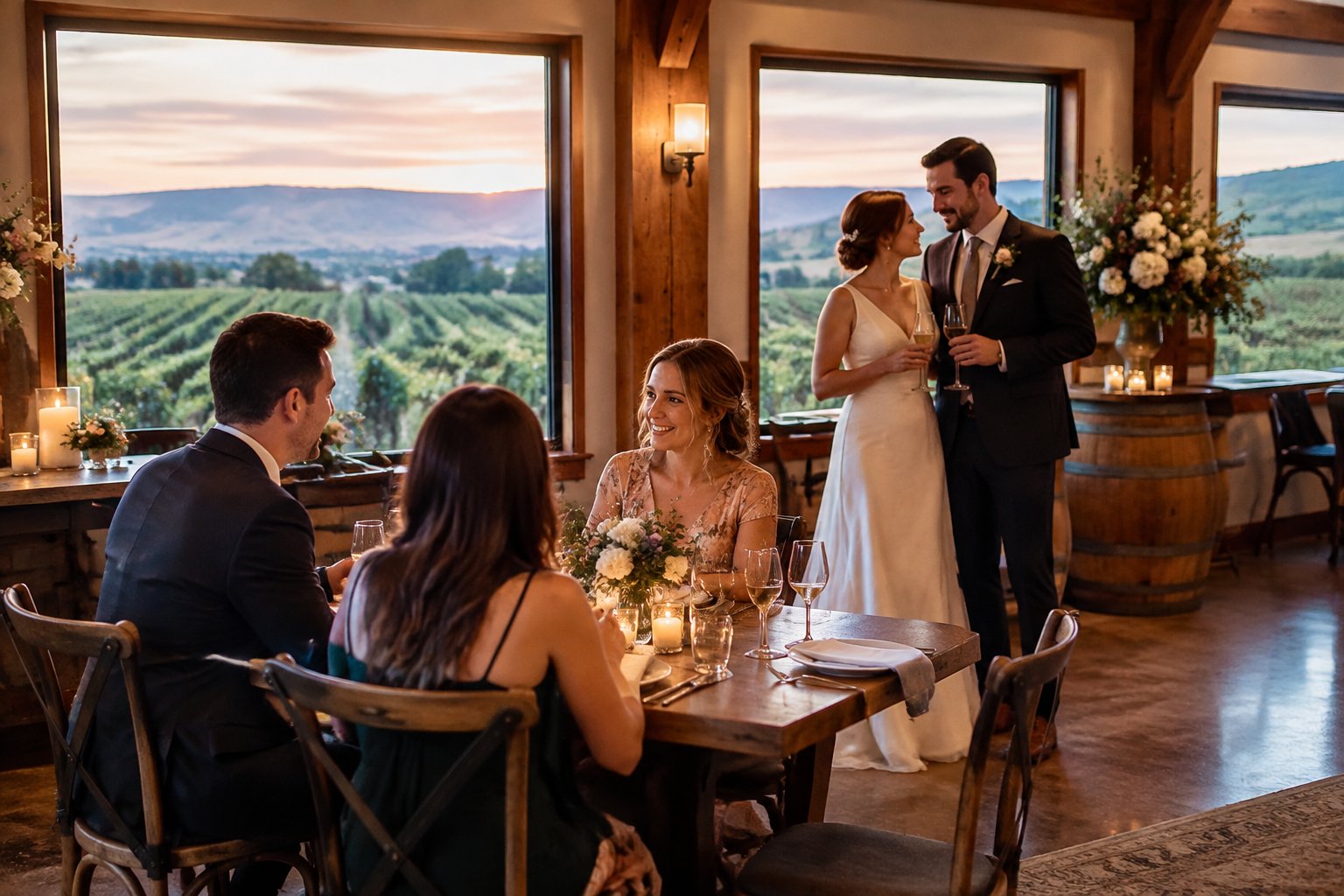 Guests gather around a decorated table in a cozy indoor wedding reception space.