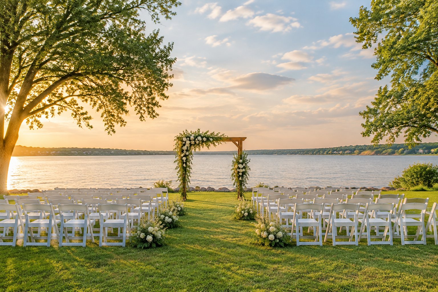 A wedding ceremony setup on a grassy lakeshore.
