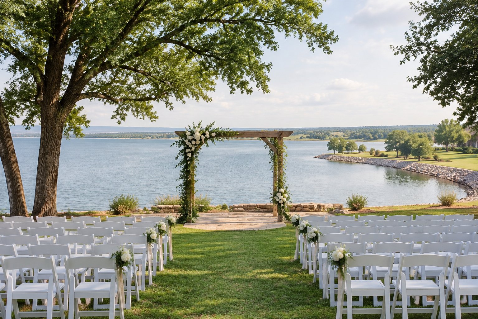 An outdoor wedding ceremony setup beside a lake, surrounded by trees.