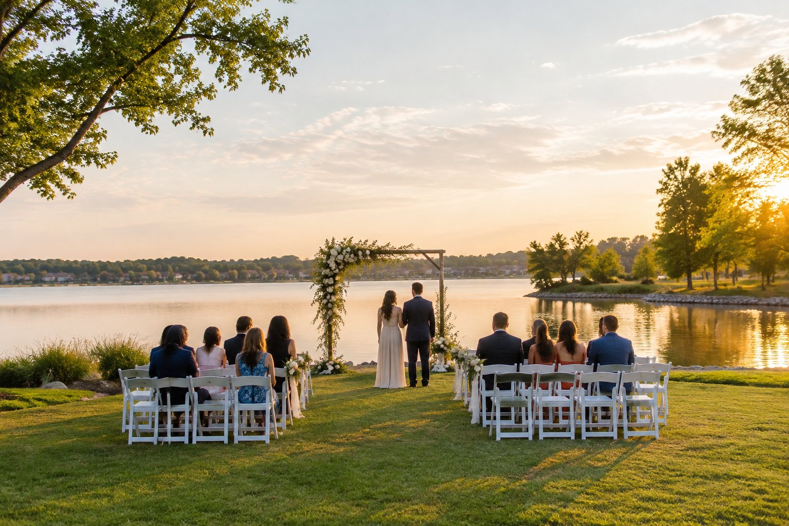 A couple stands by a lakeside wedding ceremony as guests sit facing the water.