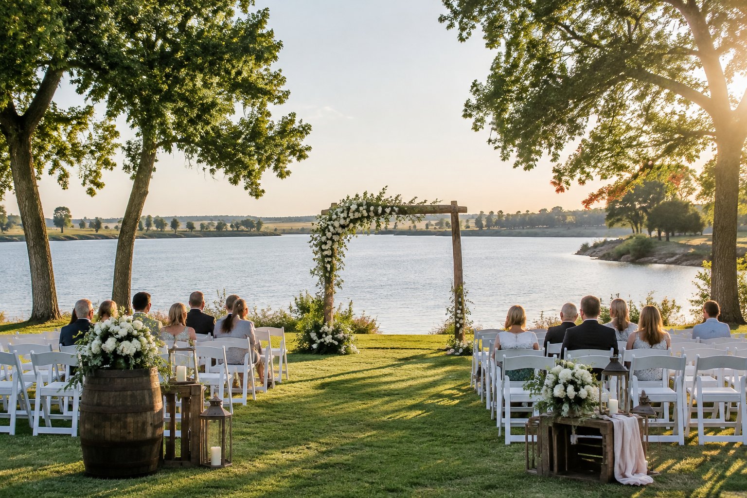 A lakeside wedding ceremony setup with chairs, flowers, trees, and guests.