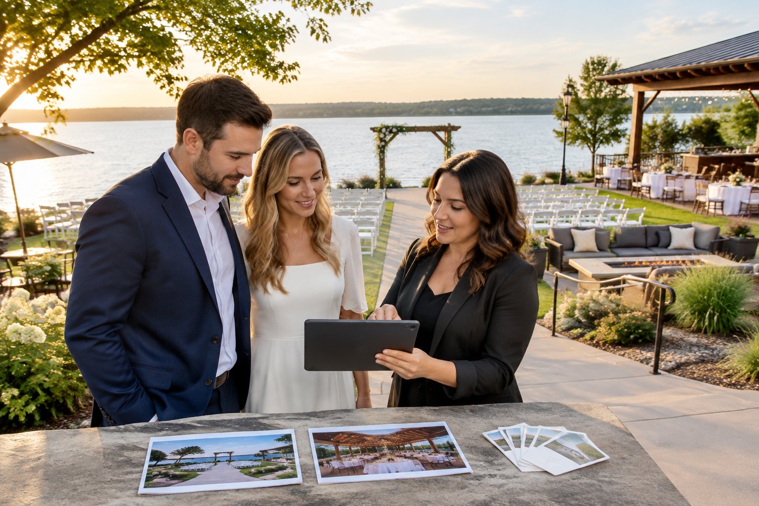 A couple and venue coordinator compare lakeside wedding ceremony and reception spaces.