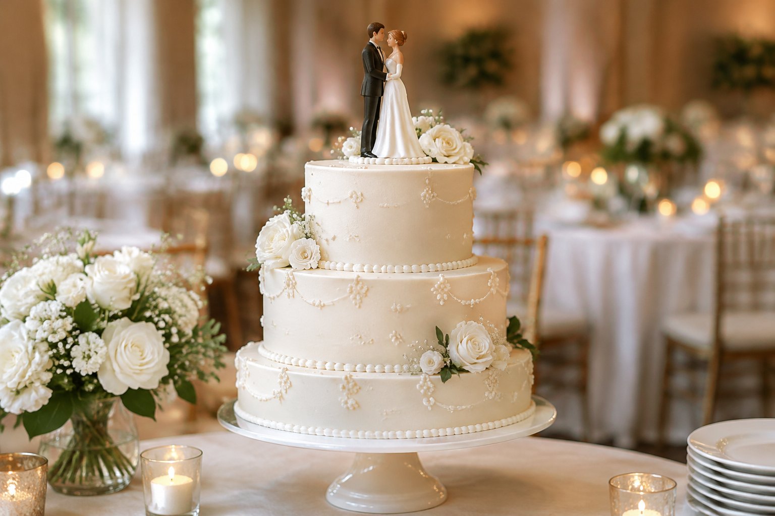 A decorated wedding cake on a reception table.