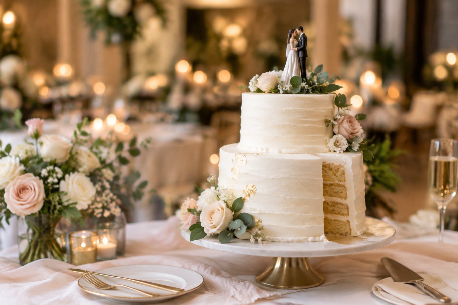 A decorated wedding cake sits on a reception table.