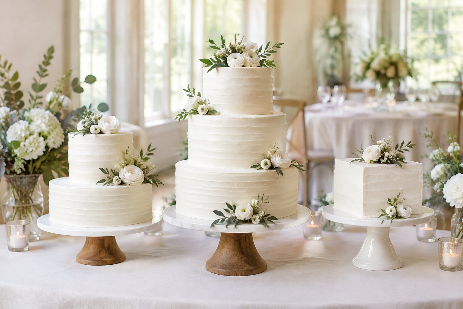 Several white wedding cakes in different shapes and sizes are displayed on a reception table.