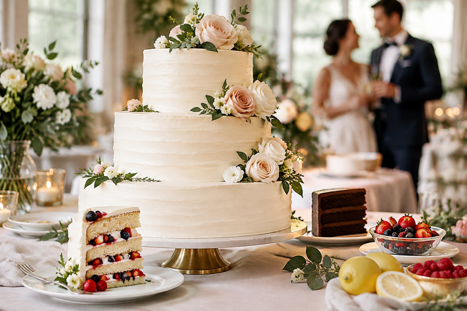 A decorated wedding cake with berry, lemon, and chocolate accents at a reception.