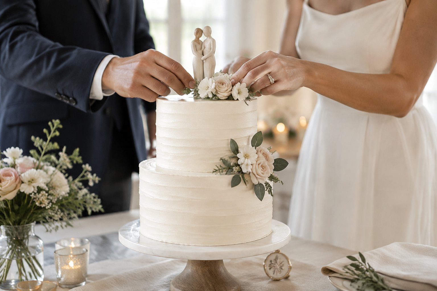 A newlywed couple adds a small floral decoration to a white wedding cake.