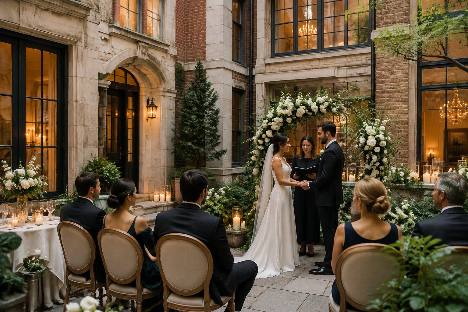 A couple exchanges vows in a small courtyard wedding ceremony.