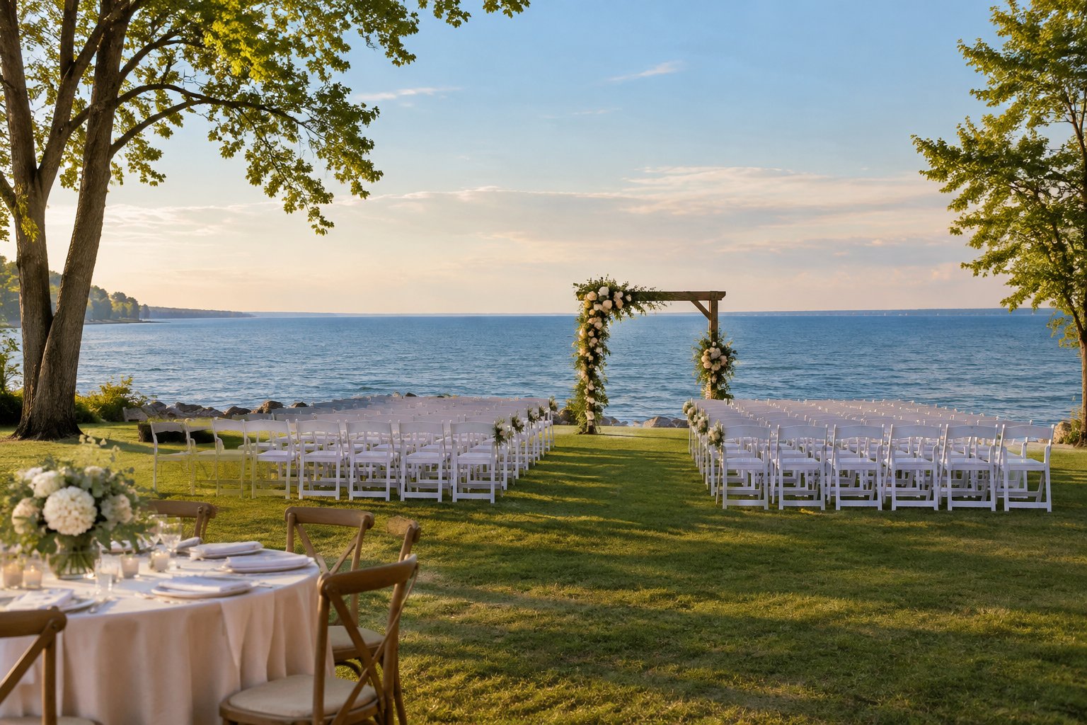 A wedding ceremony setup on a grassy shore overlooking a lake.