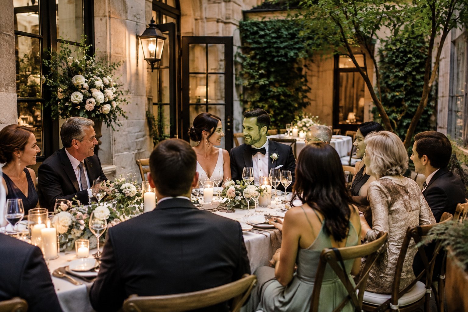 A couple celebrates with close family and friends in an intimate wedding venue.