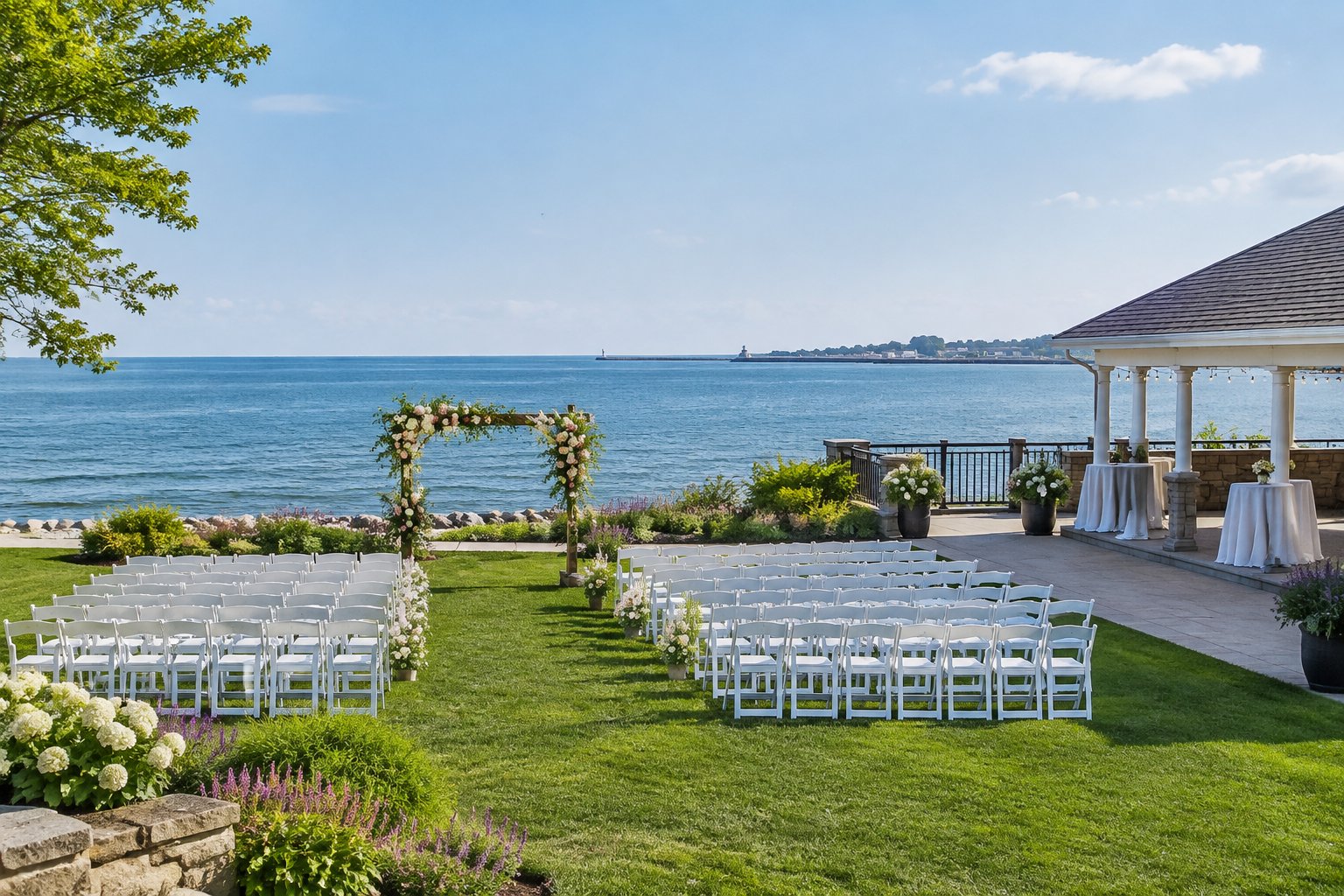 A wedding ceremony setup beside a calm lake.