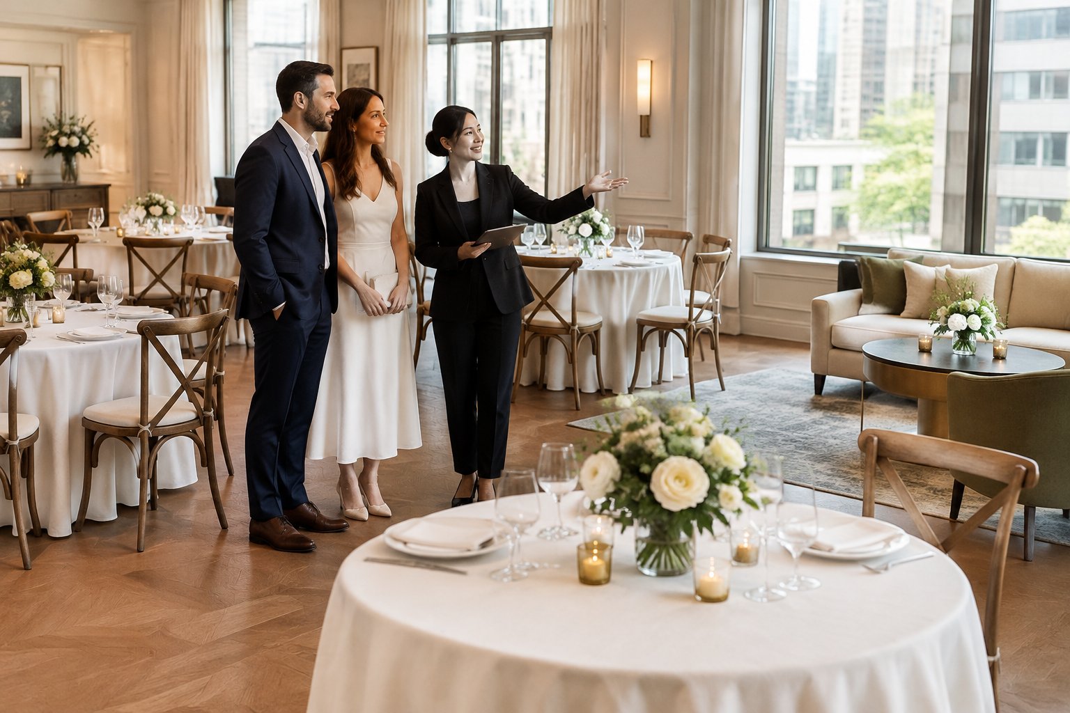 A couple and wedding planner review seating in a small wedding venue.
