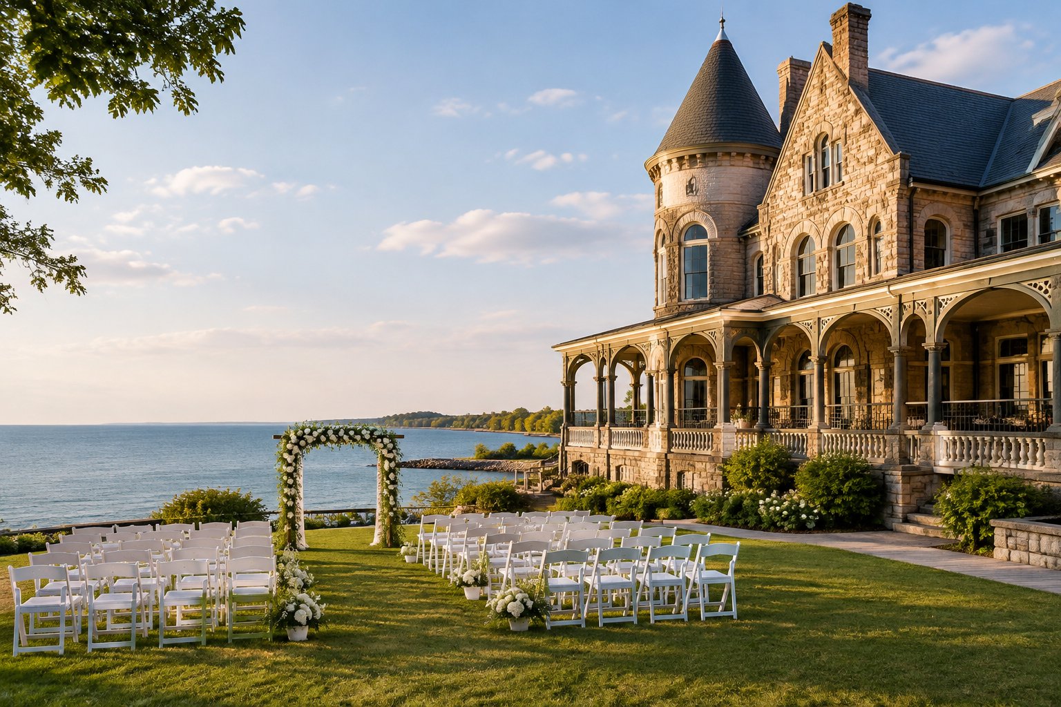 A historic lakeside venue beside Lake Erie with a small wedding ceremony setup.