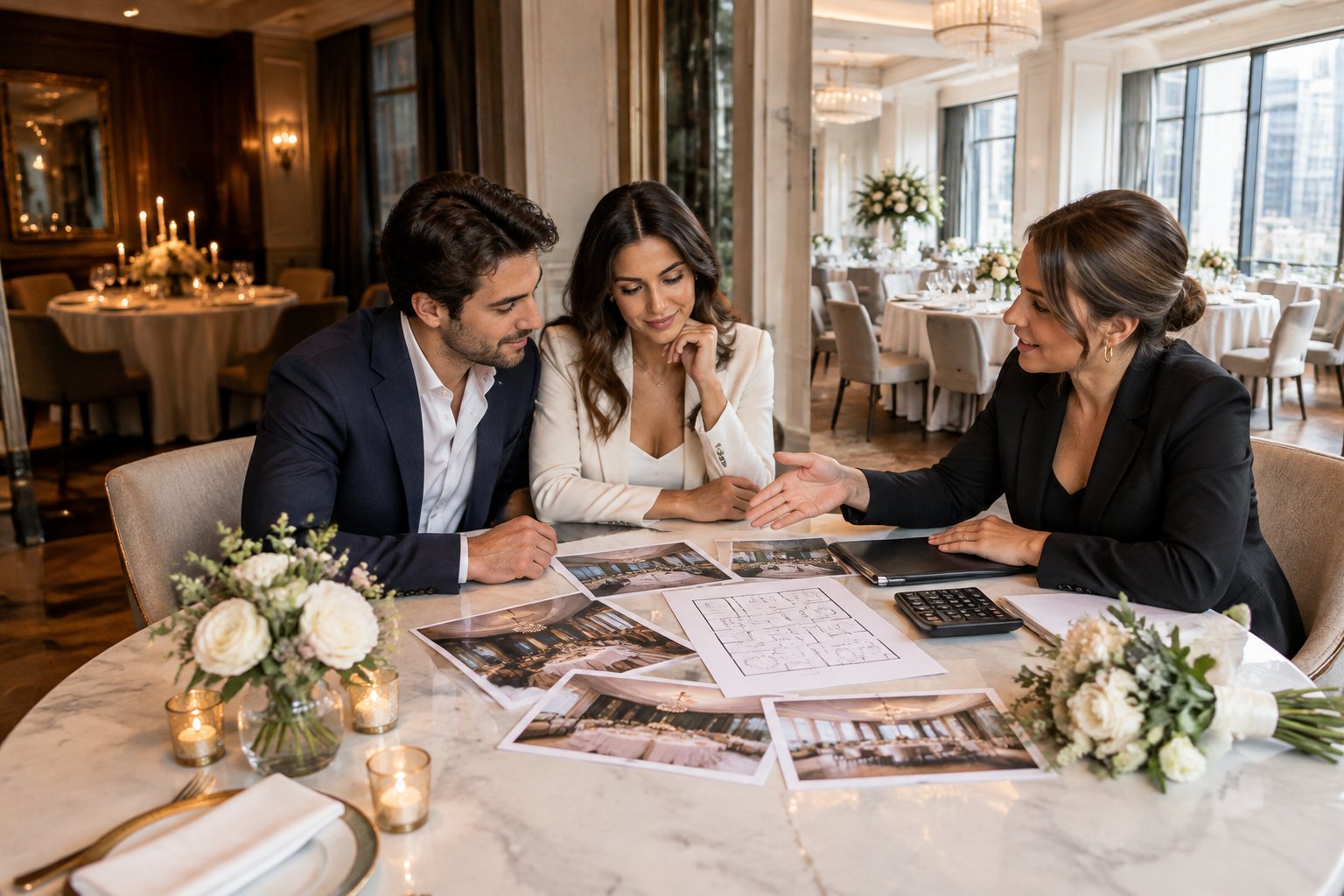 A couple and wedding planner compare venue options at a table in an elegant event space.