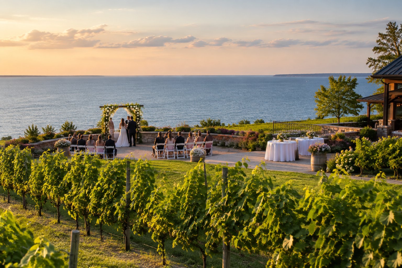 A wedding ceremony setup at a vineyard overlooking Lake Erie.