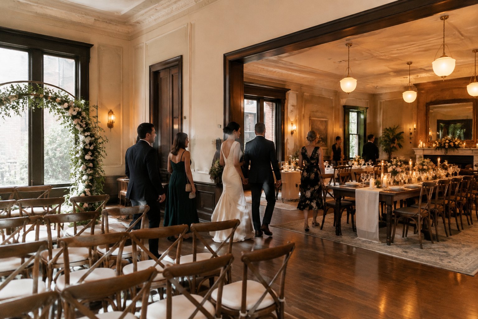 Guests move from a small wedding ceremony area toward a candlelit reception table.