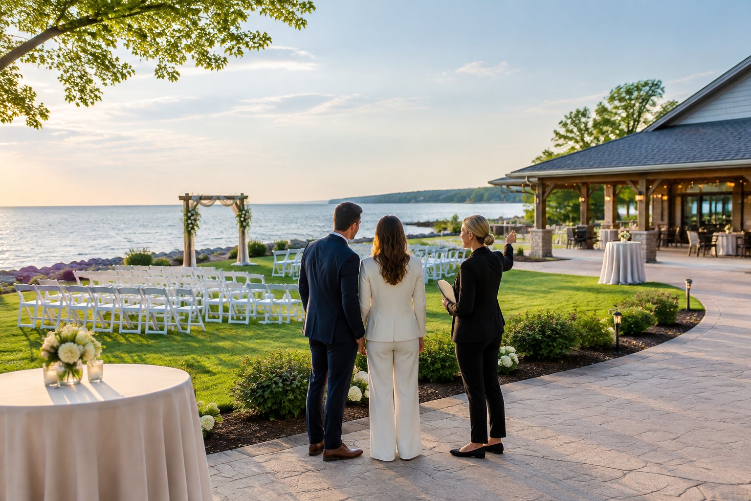 A couple and wedding planner view a lakeside ceremony space beside Lake Erie.