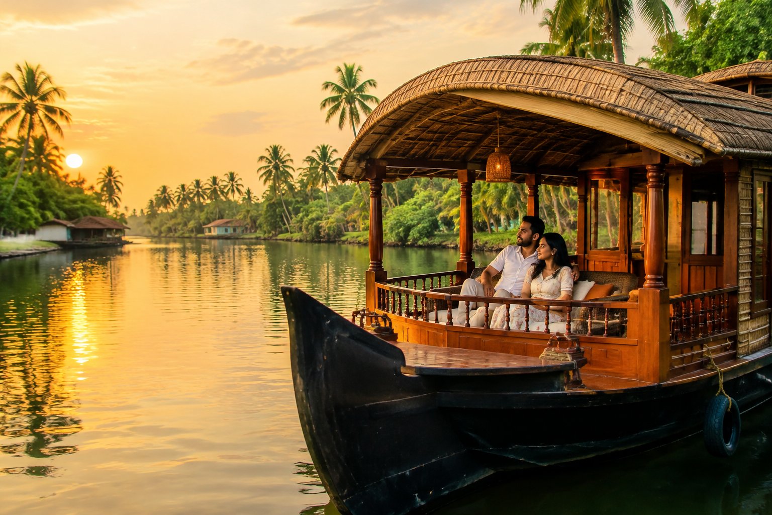 A newlywed couple relaxes together on a houseboat amid Kerala’s palm-lined backwaters.