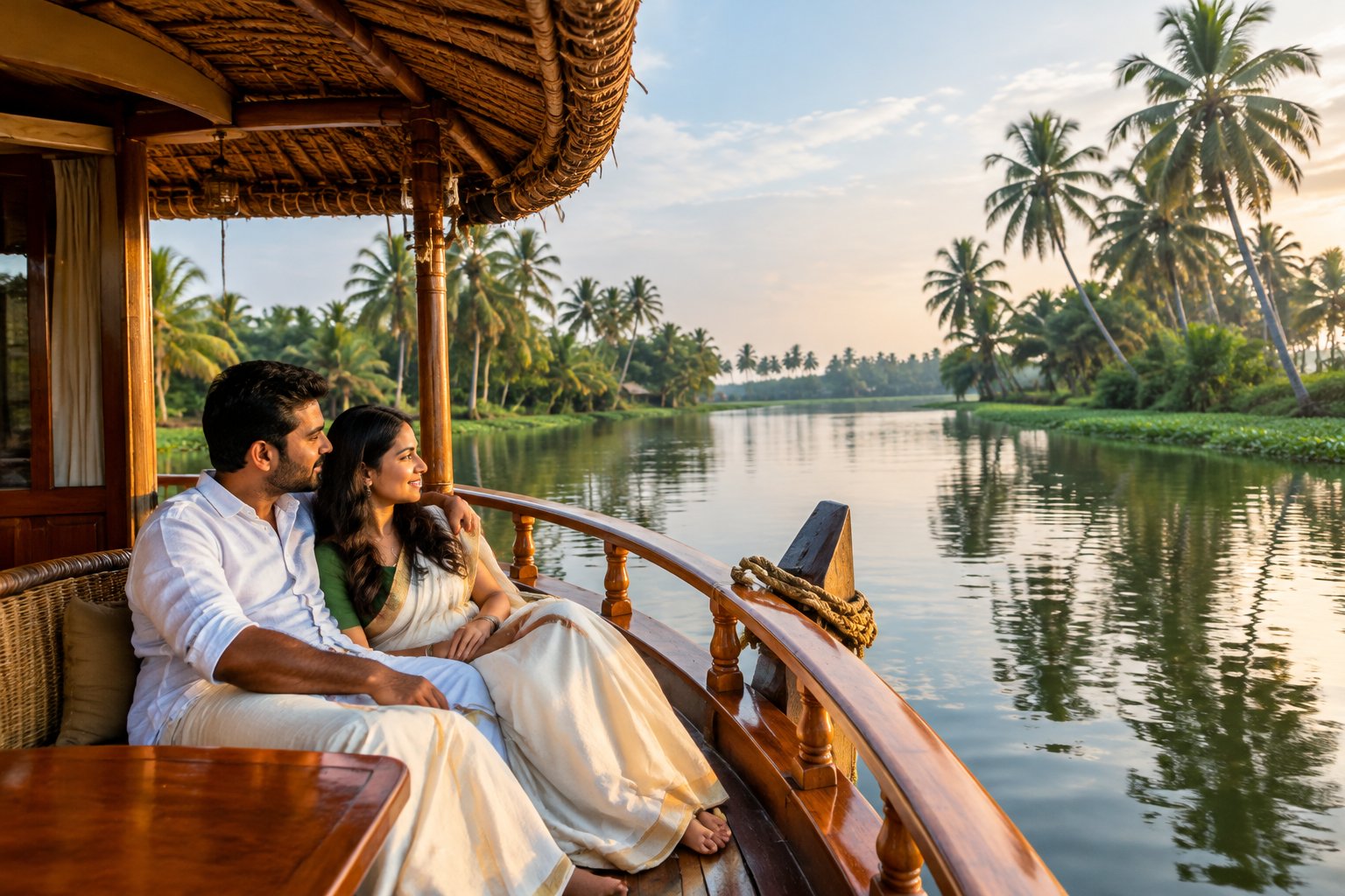 A couple relaxes on a houseboat deck among Kerala’s palm-lined backwaters.