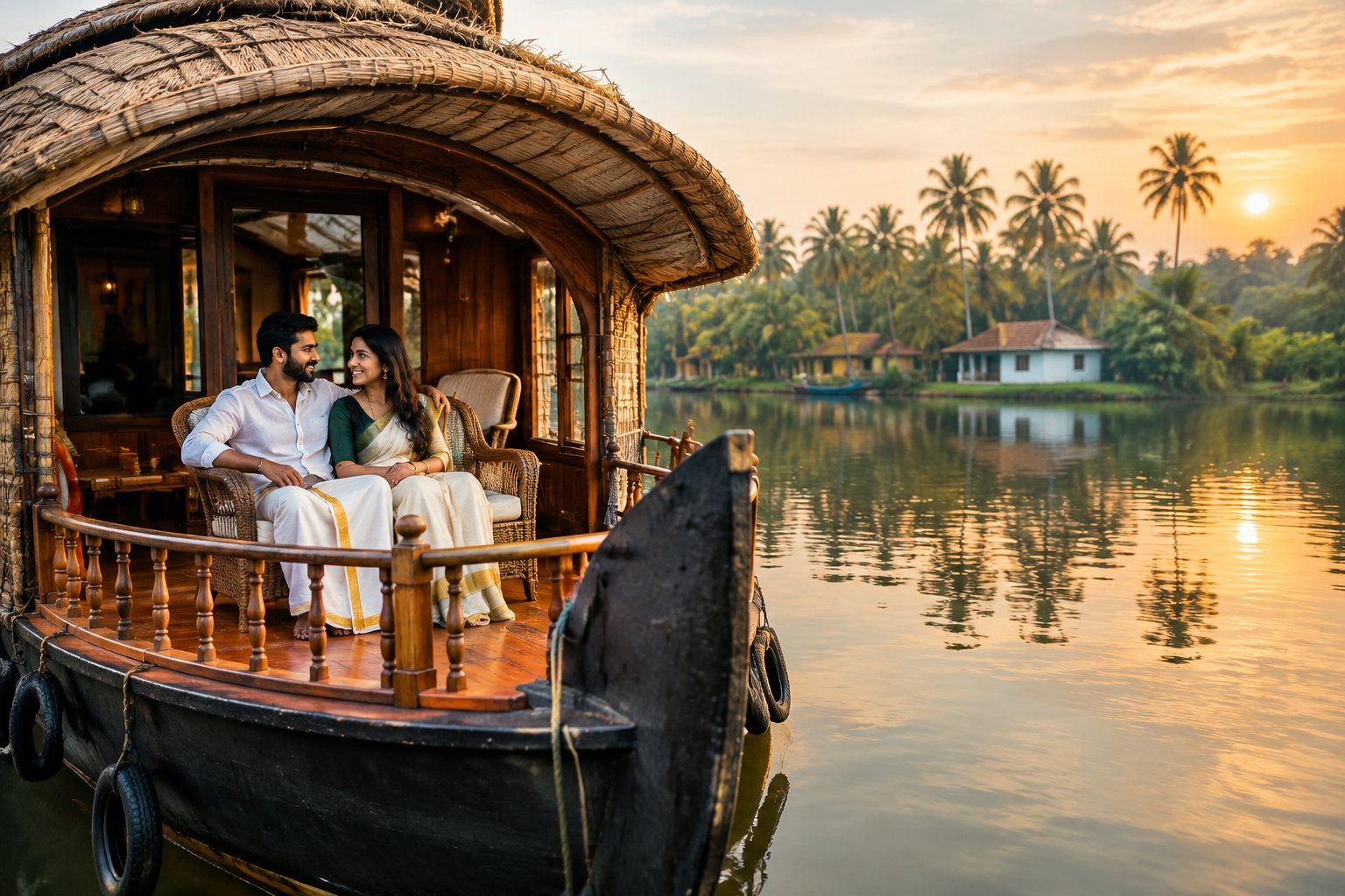 A newlywed couple relaxes together on a houseboat surrounded by Kerala’s palm-lined backwaters.