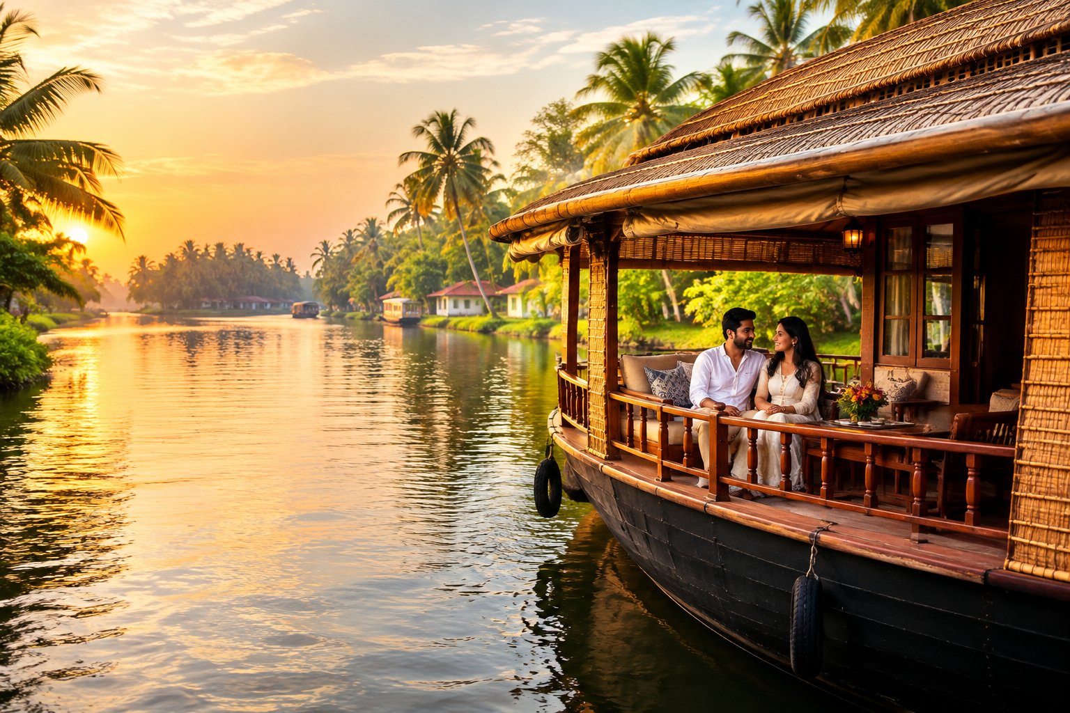 A newlywed couple relaxes on a houseboat traveling through Kerala’s palm-lined backwaters.