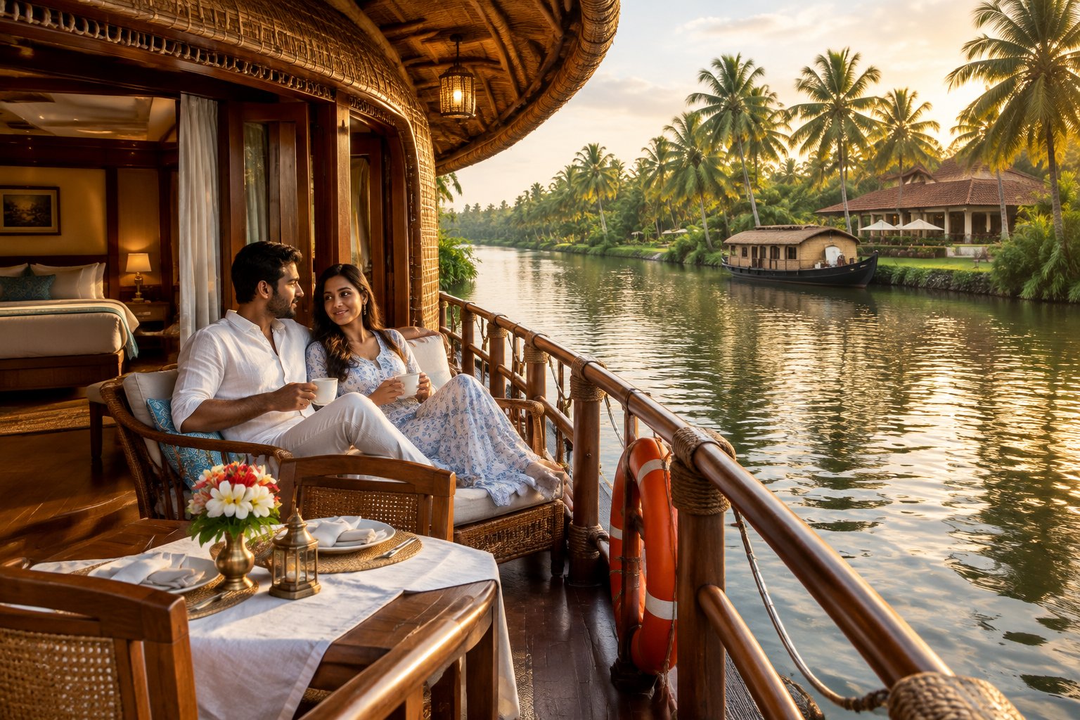 A couple relaxes on a Kerala houseboat as it travels through palm-lined backwaters.