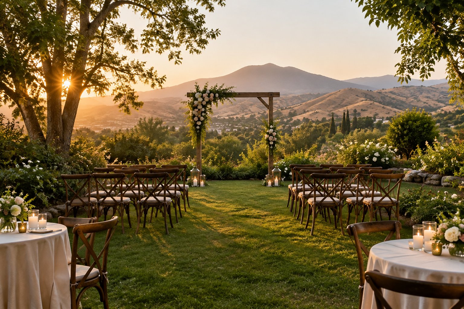 A small garden wedding ceremony beneath a flowered arch, with chairs arranged for guests.