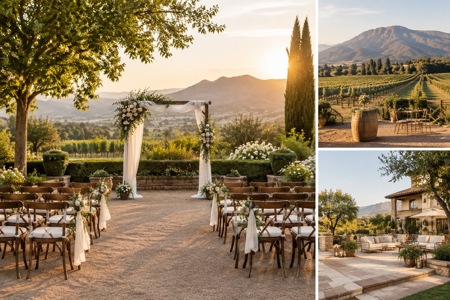 A small outdoor wedding ceremony in a garden courtyard with foothills in the background.