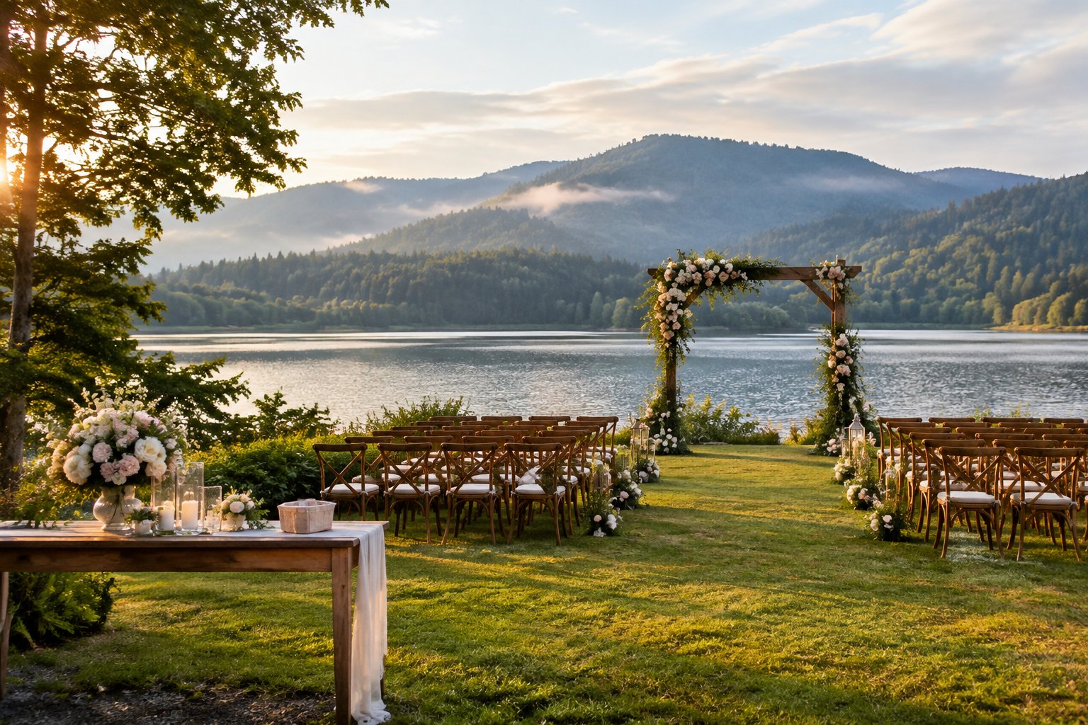 An outdoor wedding ceremony setup beside a lake with green hills in the background.