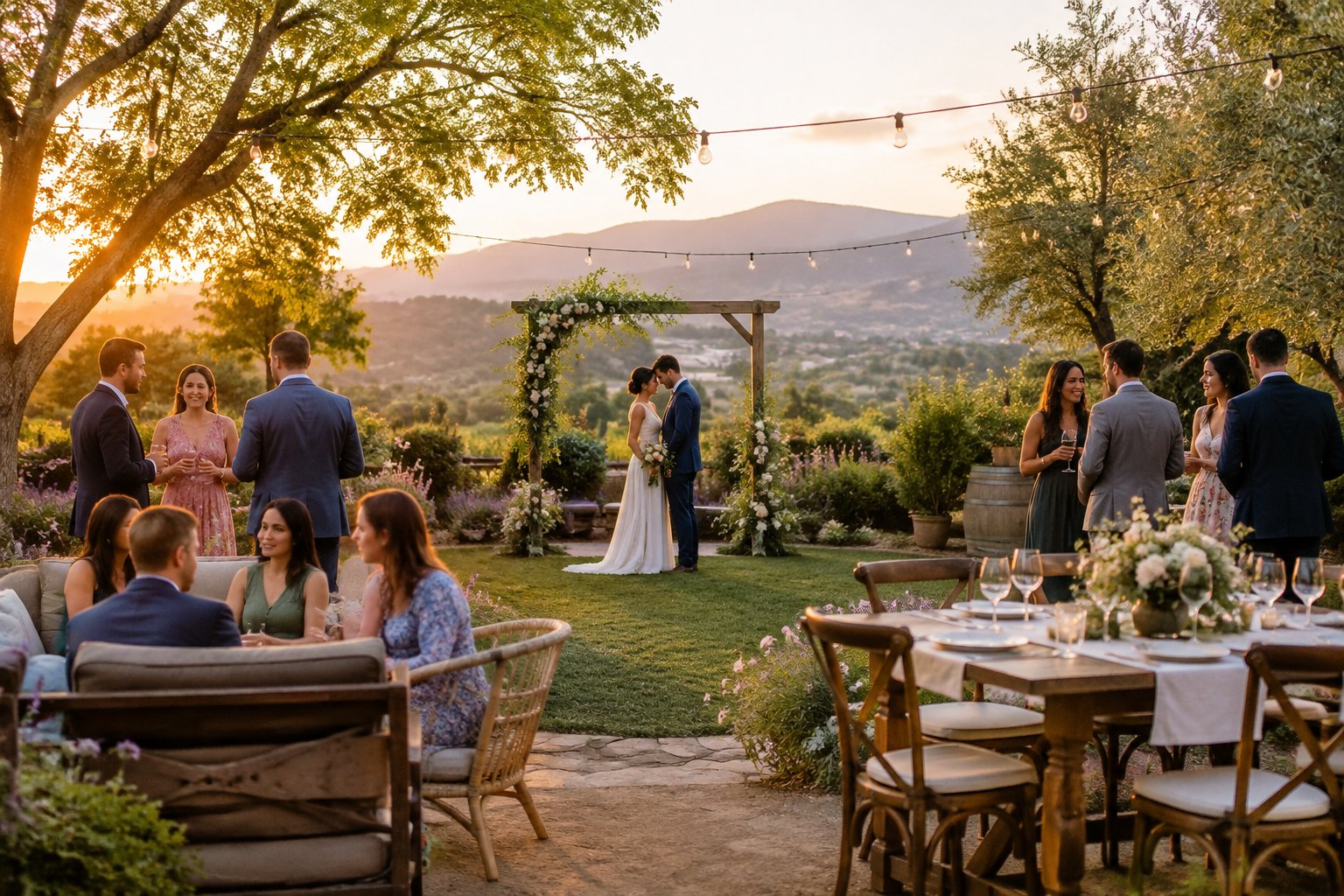 A couple shares a quiet moment at a garden wedding surrounded by a small group of guests.
