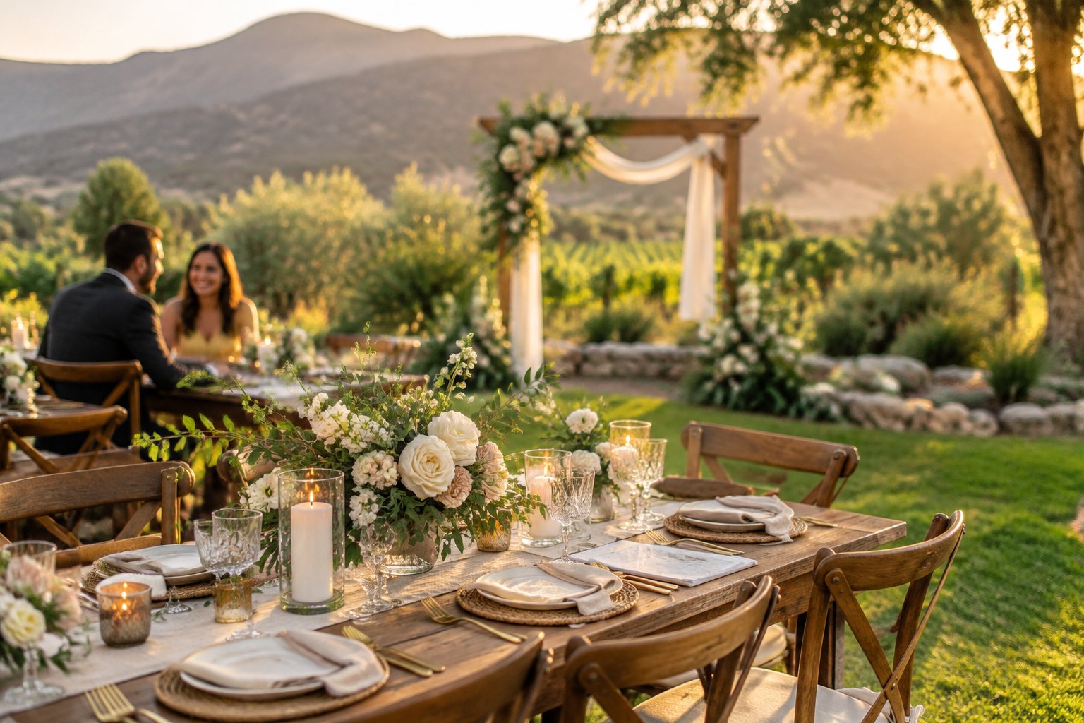 Guests enjoy an intimate outdoor wedding reception at a garden venue.