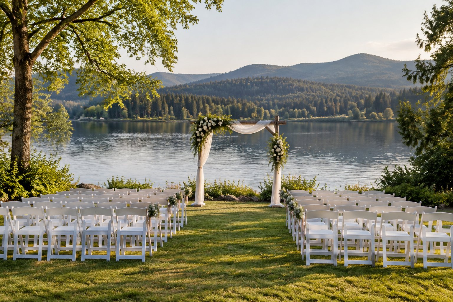 An outdoor wedding ceremony setup beside a calm lake, surrounded by trees.