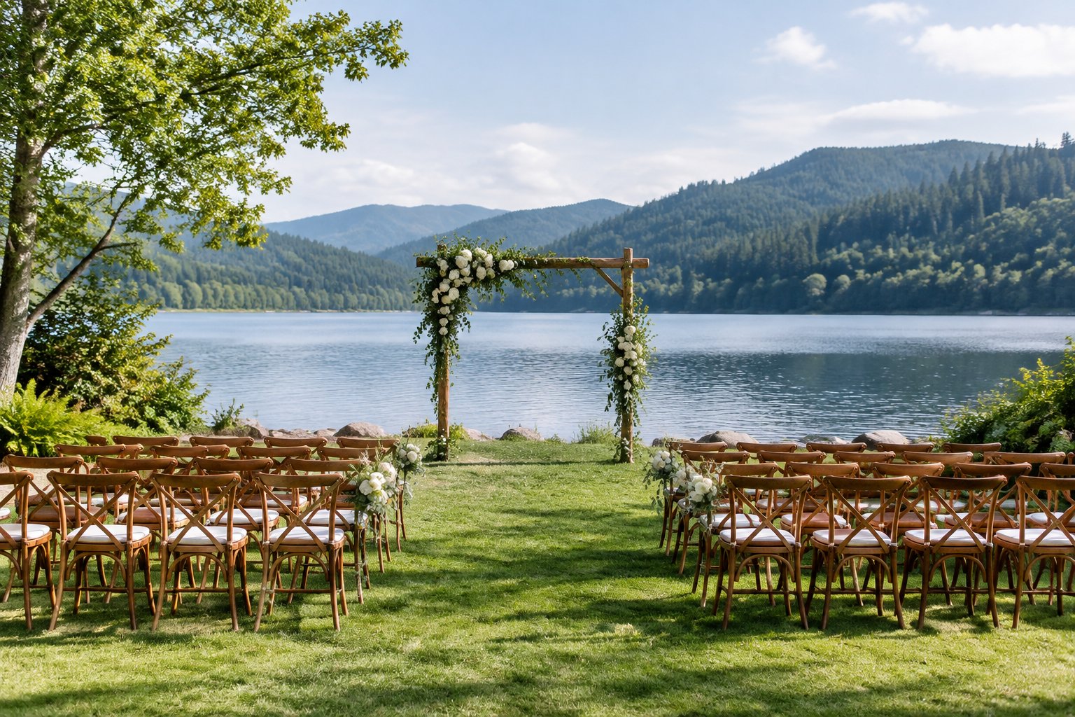 A wedding ceremony setup beside a lake with forested hills in the background.