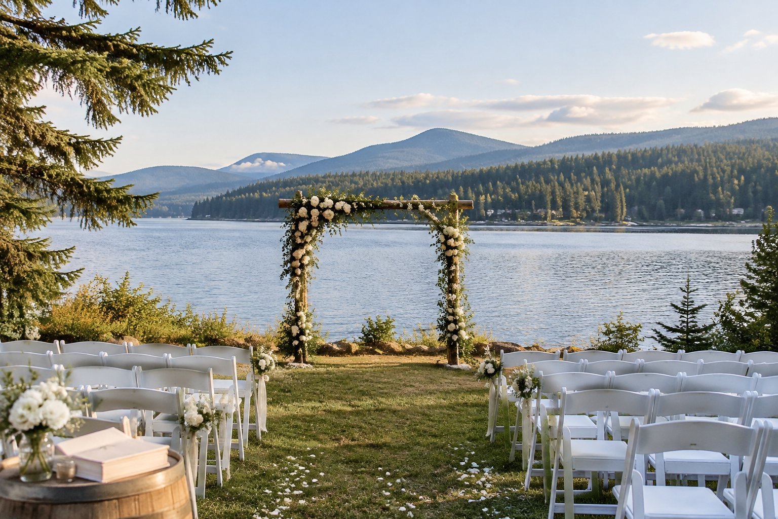 A wedding ceremony setup beside a calm lake surrounded by evergreen trees.