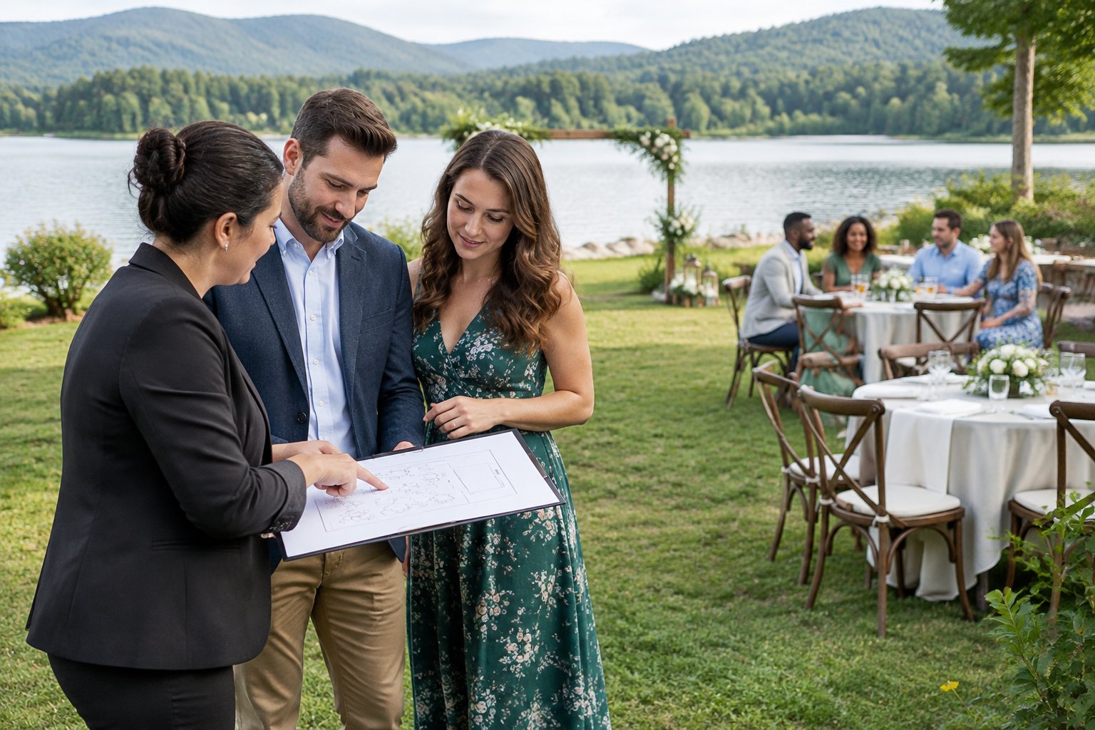 A couple and venue coordinator review a seating plan beside a lakeside wedding reception.