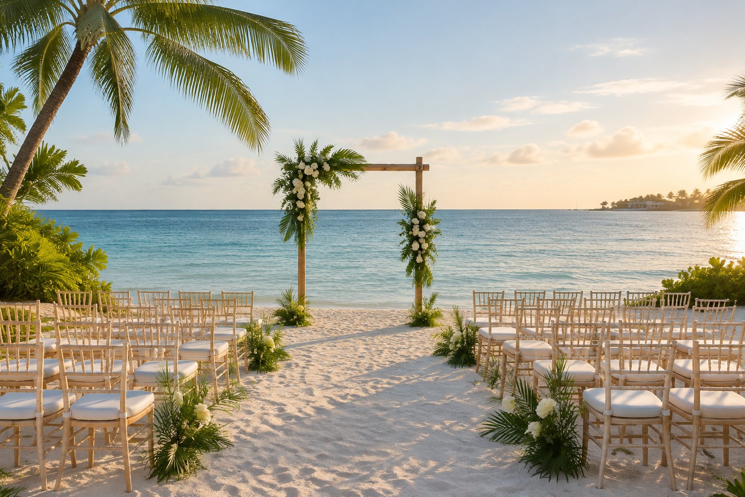 A beach wedding ceremony setup with chairs, a flowered arch, and turquoise water.