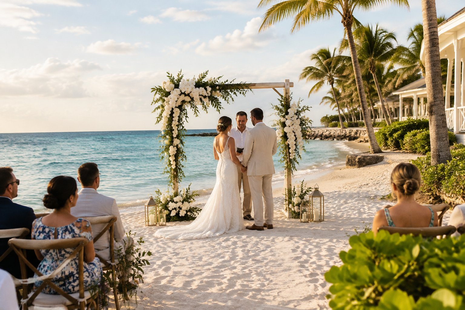 A couple stands beneath a flower-covered arch on a sandy beach as guests watch.