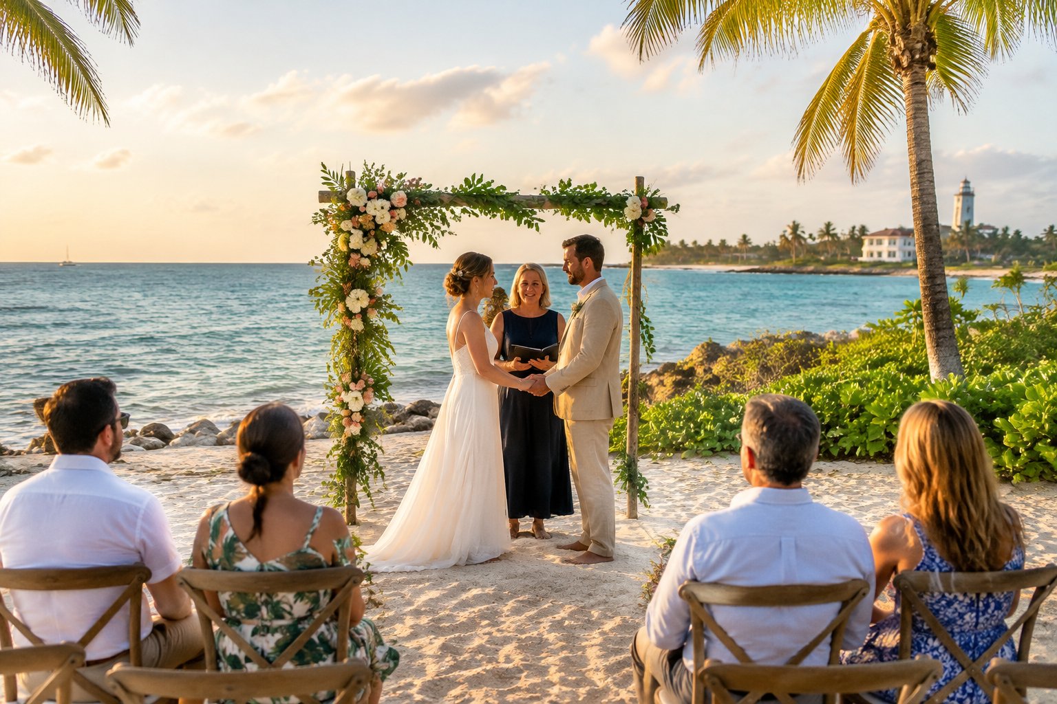 A couple exchanges vows beneath a floral arbor on a sandy Key West beach as guests watch.