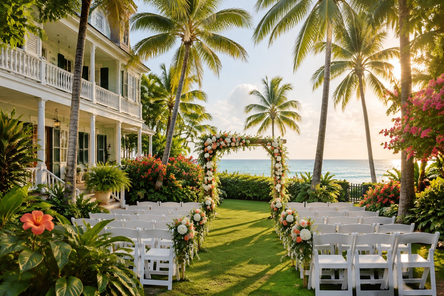 A wedding ceremony setup in a tropical garden beside a historic home, with the ocean visible beyond.