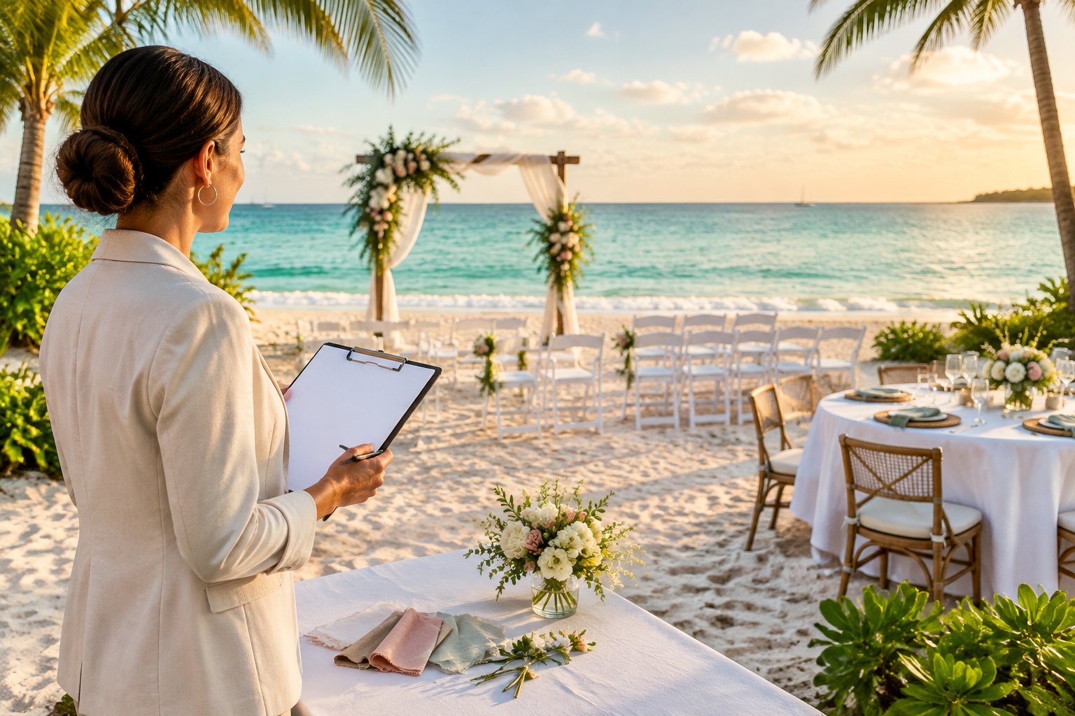 A wedding ceremony setup on a sandy Key West beach beside turquoise water.